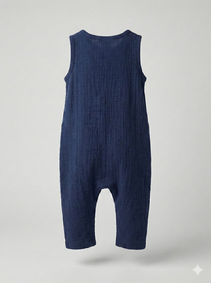 Navy Cotton Muslin Sleeveless Button Jumpsuit / Romper for Babies