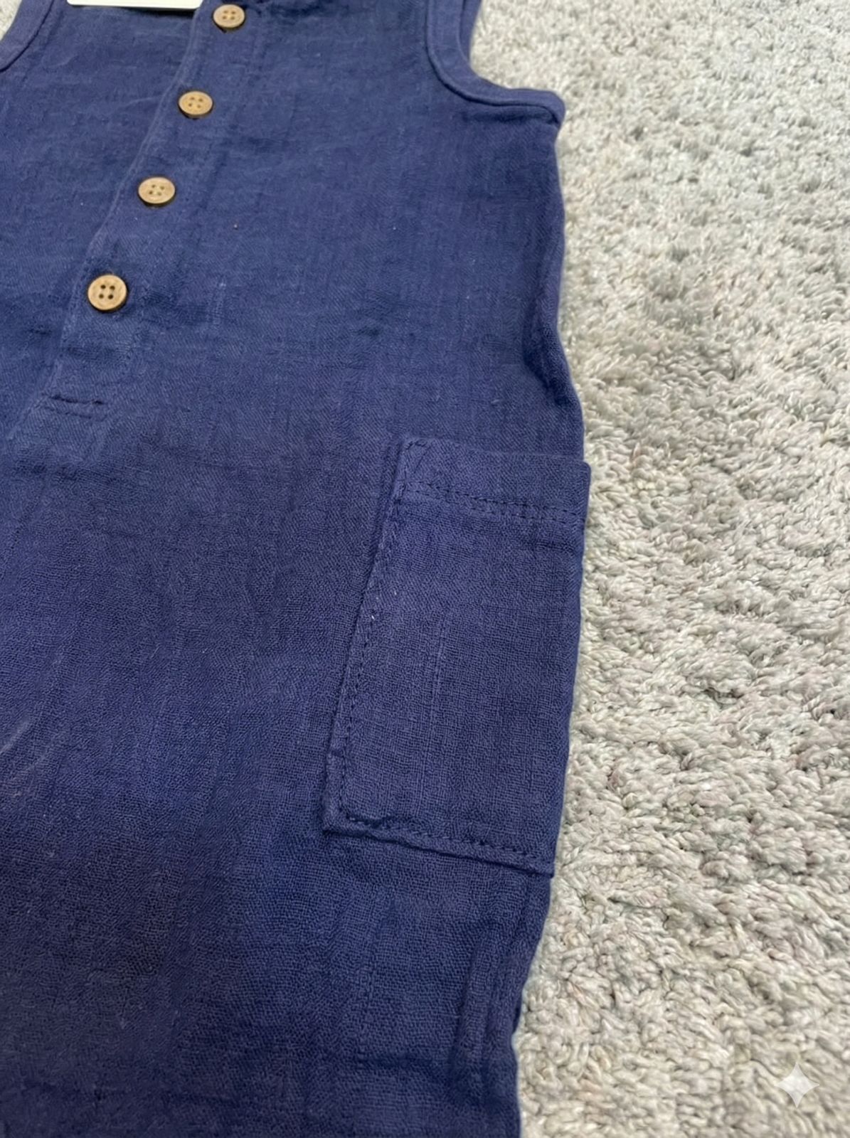 Navy Cotton Muslin Sleeveless Button Jumpsuit / Romper for Babies