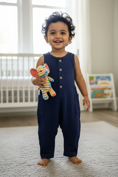 Navy Cotton Muslin Sleeveless Button Jumpsuit / Romper for Babies