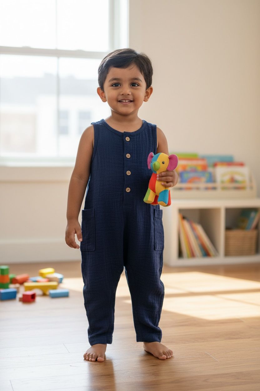 Navy Cotton Muslin Sleeveless Button Jumpsuit / Romper for Babies