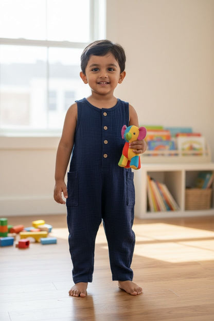Navy Cotton Muslin Sleeveless Button Jumpsuit / Romper for Babies