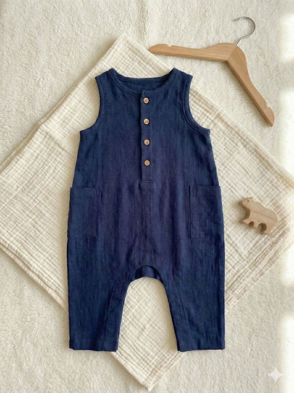 Navy Cotton Muslin Sleeveless Button Jumpsuit / Romper for Babies