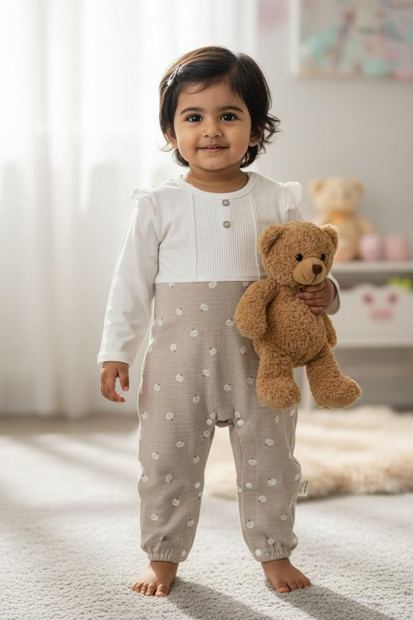 Beige Cotton Full-Sleeve Baby Romper with Ruffle Shoulders