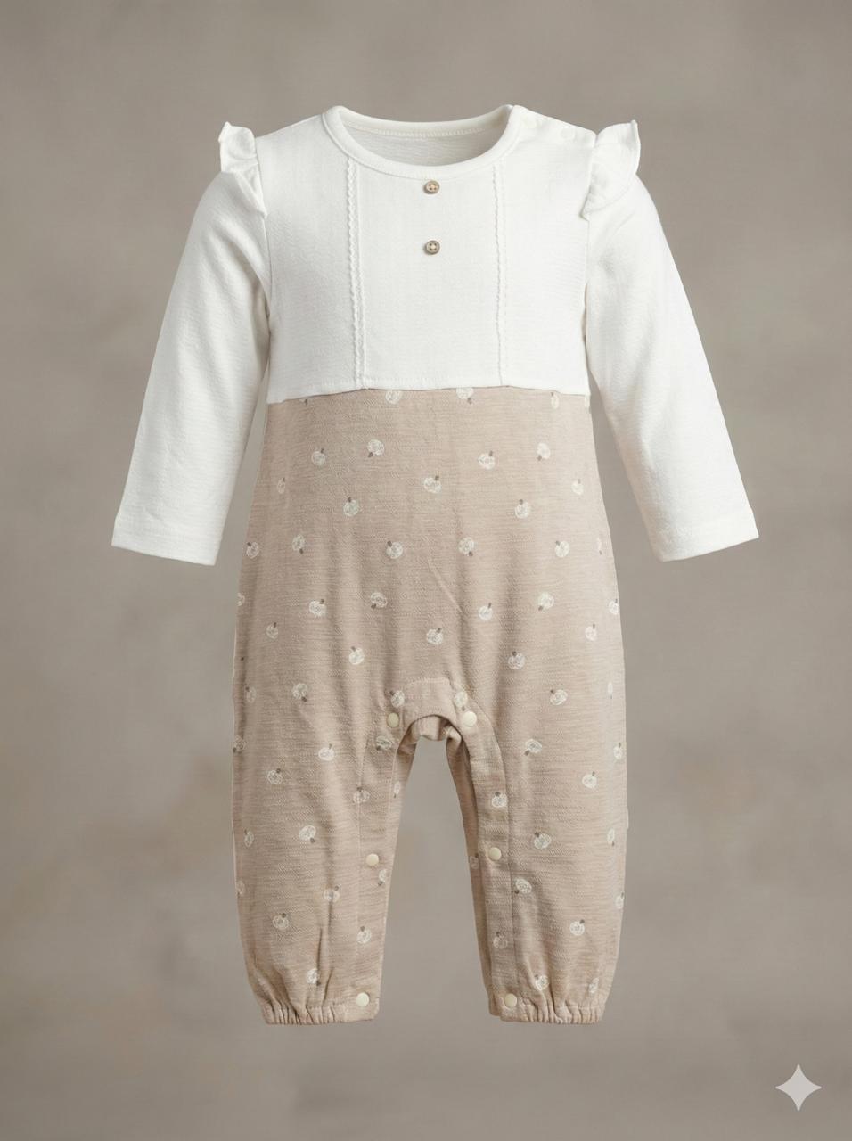 Beige Cotton Full-Sleeve Baby Romper with Ruffle Shoulders