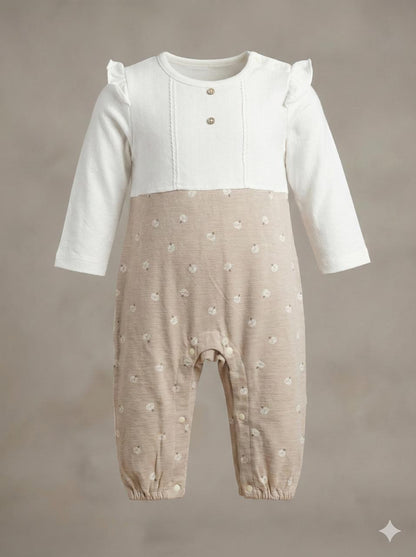 Beige Cotton Full-Sleeve Baby Romper with Ruffle Shoulders