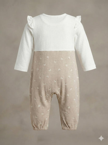 Beige Cotton Full-Sleeve Baby Romper with Ruffle Shoulders
