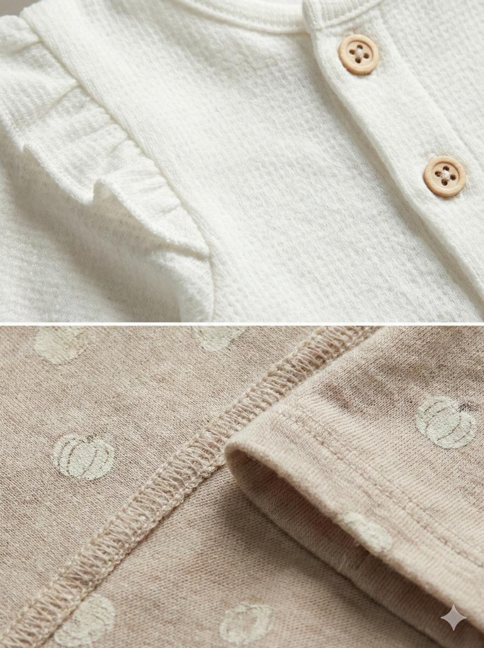 Beige Cotton Full-Sleeve Baby Romper with Ruffle Shoulders