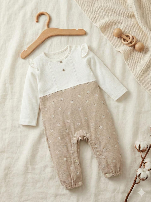 Beige Cotton Full-Sleeve Baby Romper with Ruffle Shoulders