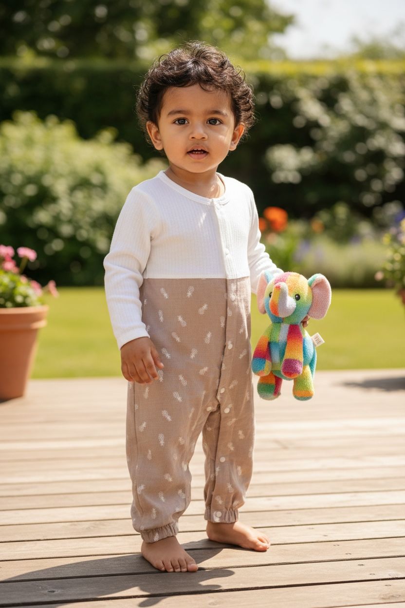 Beige Cotton Full-Sleeve Unisex Baby Romper