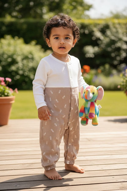 Beige Cotton Full-Sleeve Unisex Baby Romper