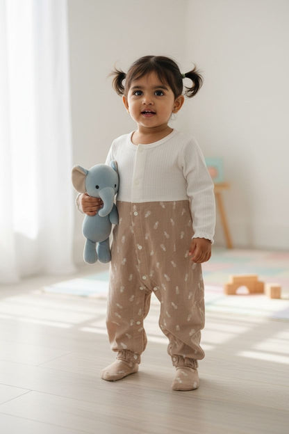 Beige Cotton Full-Sleeve Unisex Baby Romper