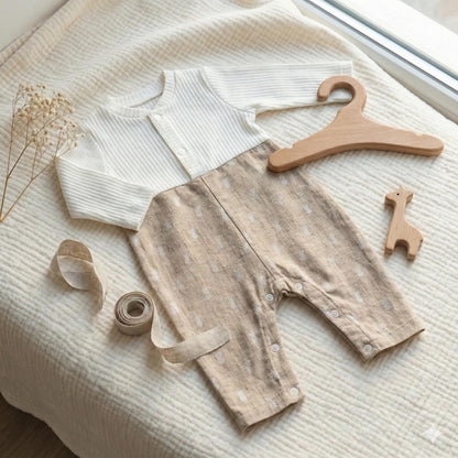 Beige Cotton Full-Sleeve Unisex Baby Romper