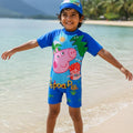 Blue Peppa Pig Dino Themed Swim Jumpsuit with Cap | Quick-Dry | UV Protection