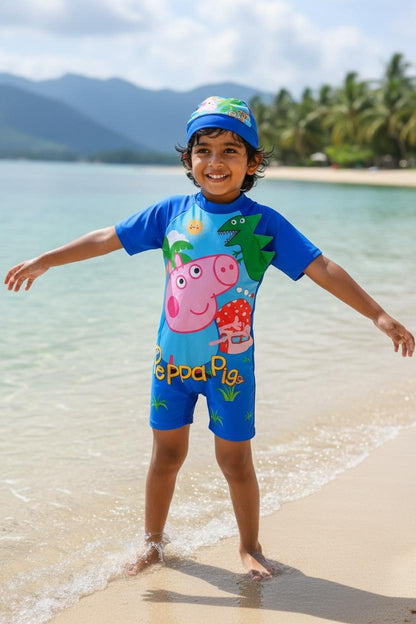 Blue Peppa Pig Dino Themed Swim Jumpsuit with Cap | Quick-Dry | UV Protection