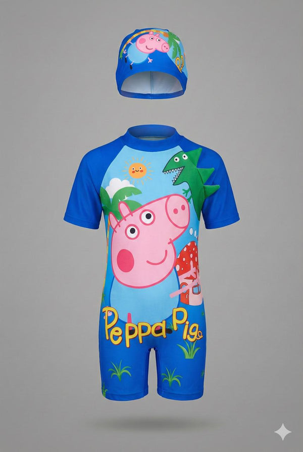Blue Peppa Pig Dino Themed Swim Jumpsuit with Cap | Quick-Dry | UV Protection