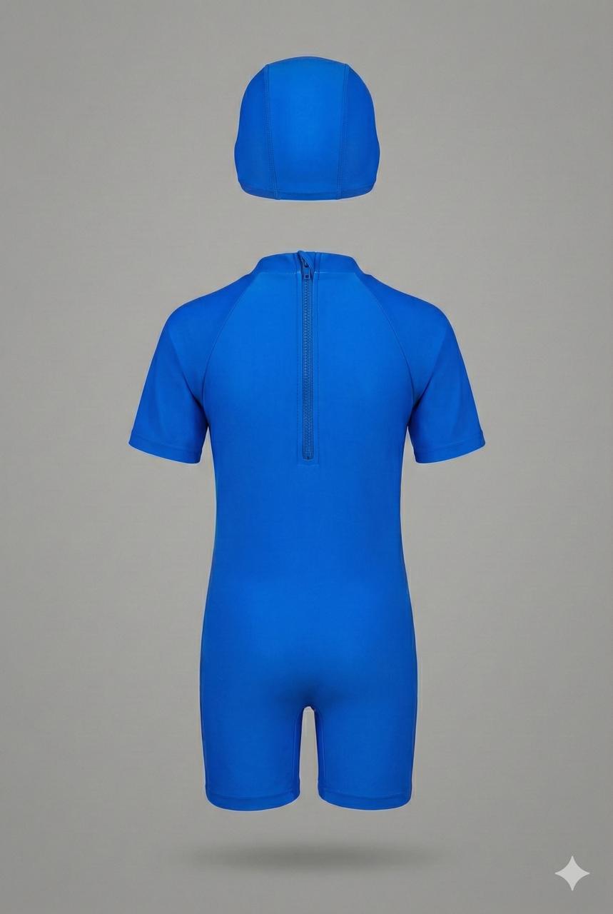 Blue Peppa Pig Dino Themed Swim Jumpsuit with Cap | Quick-Dry | UV Protection