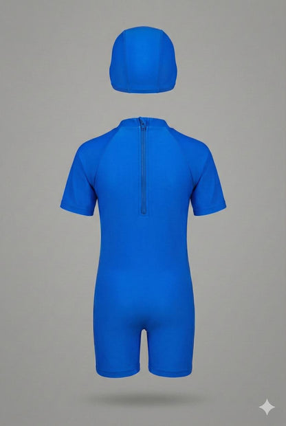 Blue Peppa Pig Dino Themed Swim Jumpsuit with Cap | Quick-Dry | UV Protection