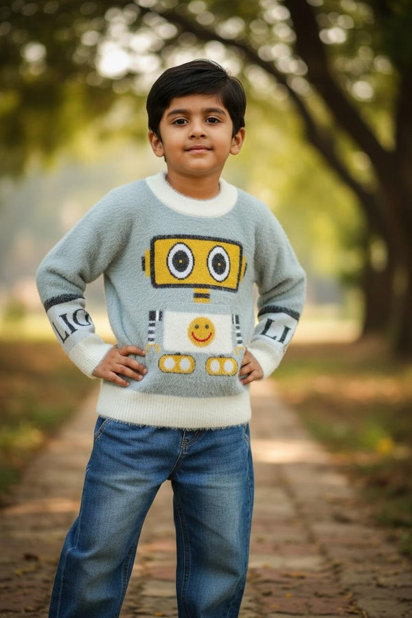 Grey Fuzzy Robot Knit Sweater for Kids