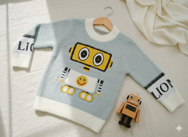 Grey Fuzzy Robot Knit Sweater for Kids