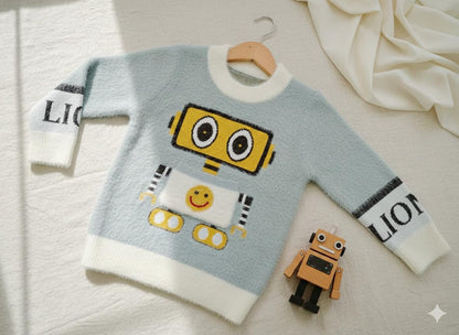 Grey Fuzzy Robot Knit Sweater for Kids