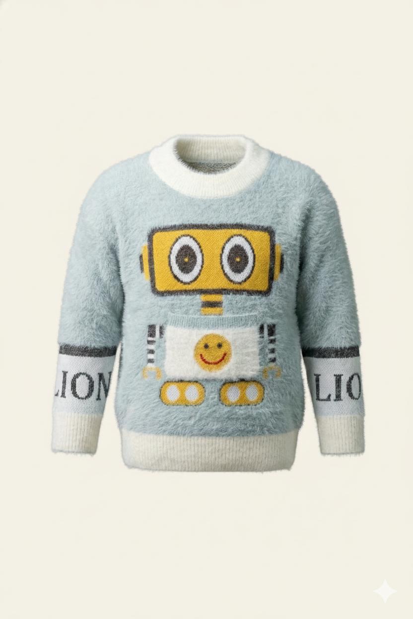 Grey Fuzzy Robot Knit Sweater for Kids