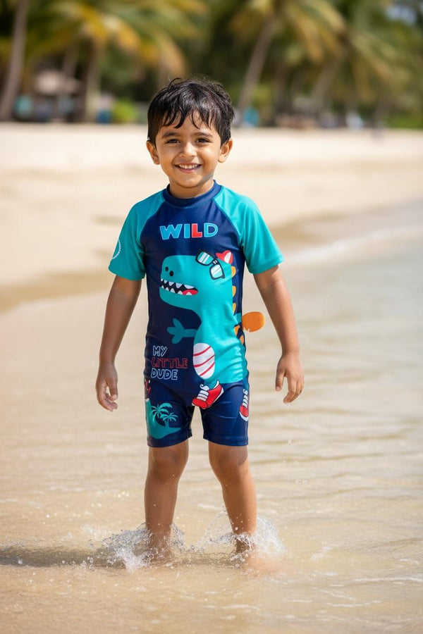 Navy Wild Dino Kids Swimwear Jumpsuit with 3D Tail Appliqué