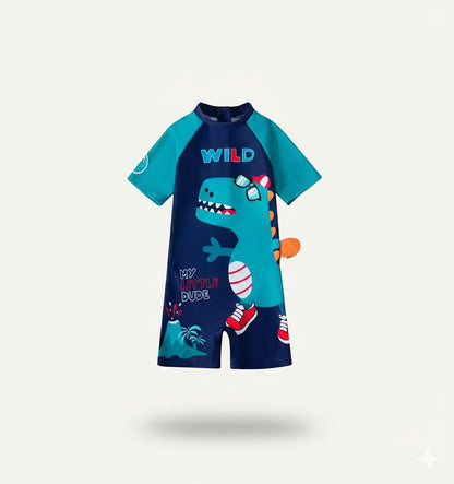 Navy Wild Dino Kids Swimwear Jumpsuit with 3D Tail Appliqué