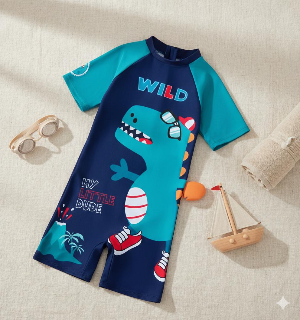 Navy Wild Dino Kids Swimwear Jumpsuit with 3D Tail Appliqué