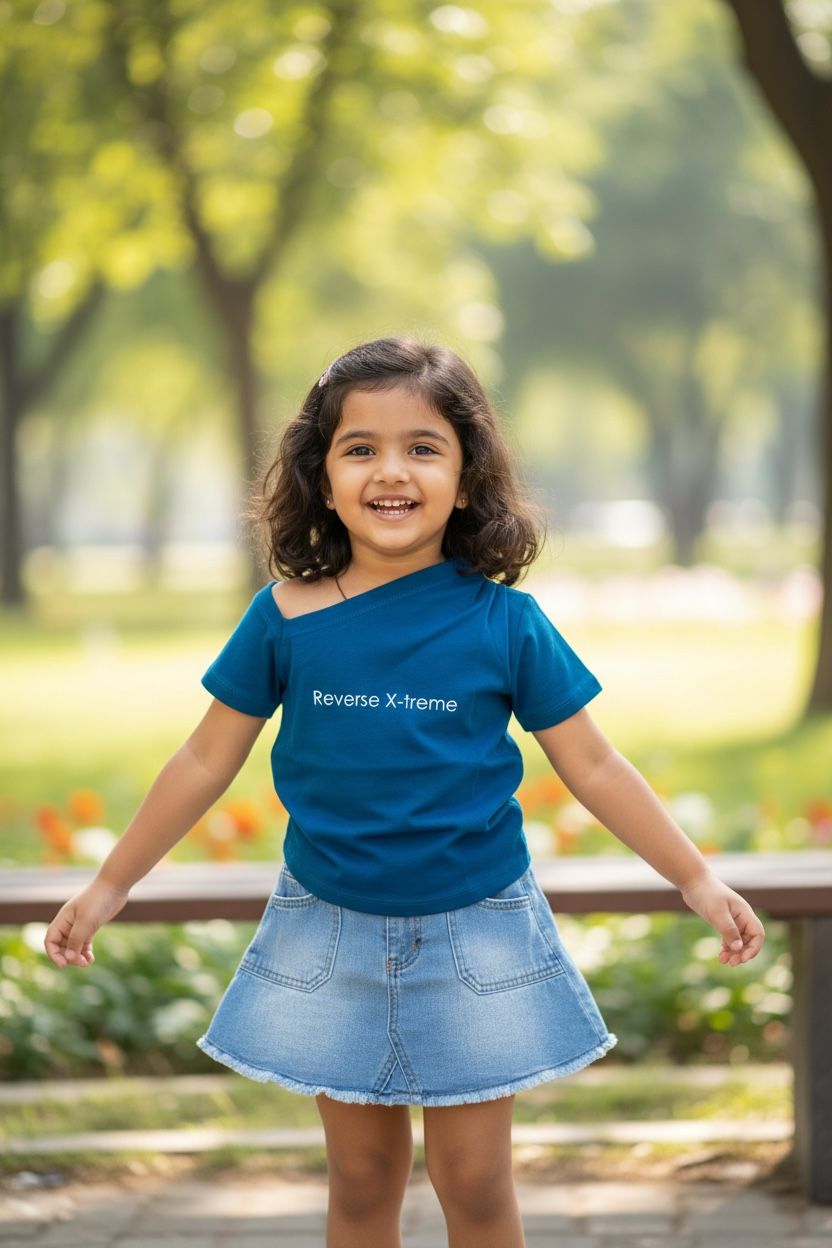 Teal Blue Asymmetric Shoulder Cotton T-Shirt