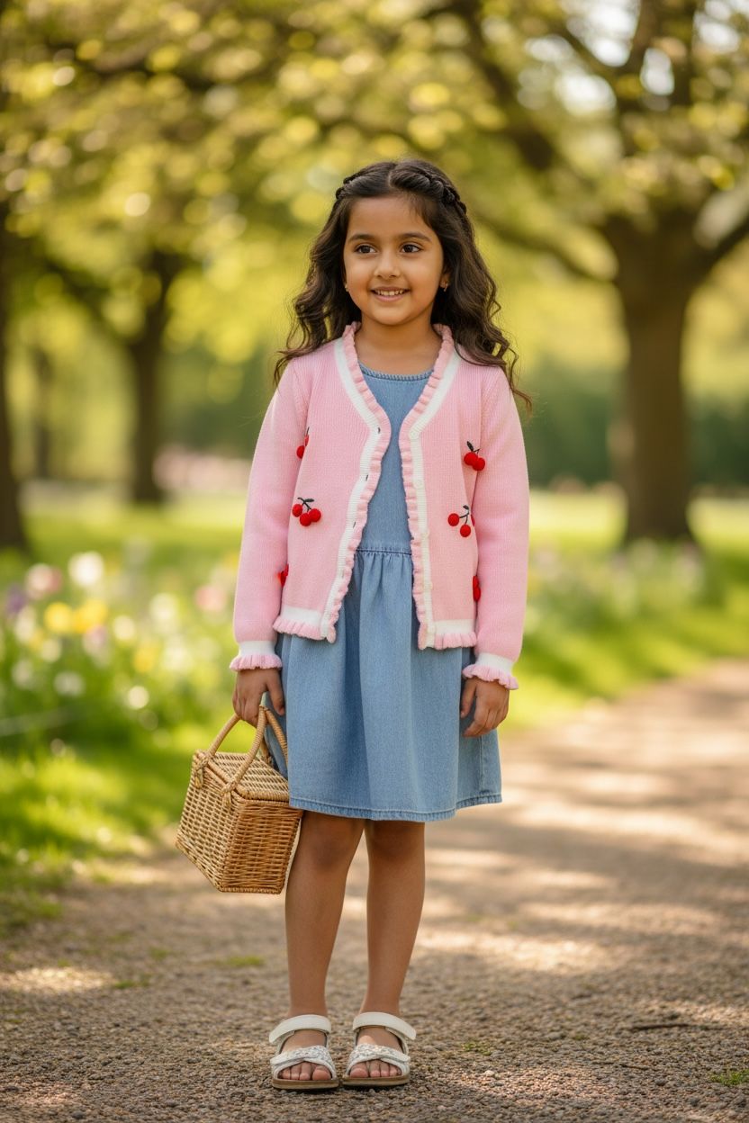 Pink Cherry Embroidered Knit Cardigan with Frill Details