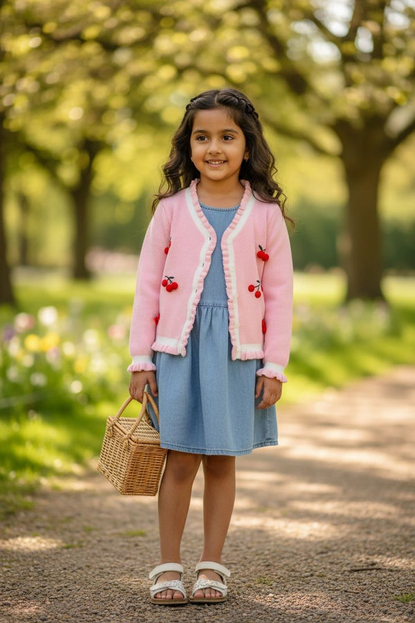 Pink Cherry Embroidered Knit Cardigan with Frill Details