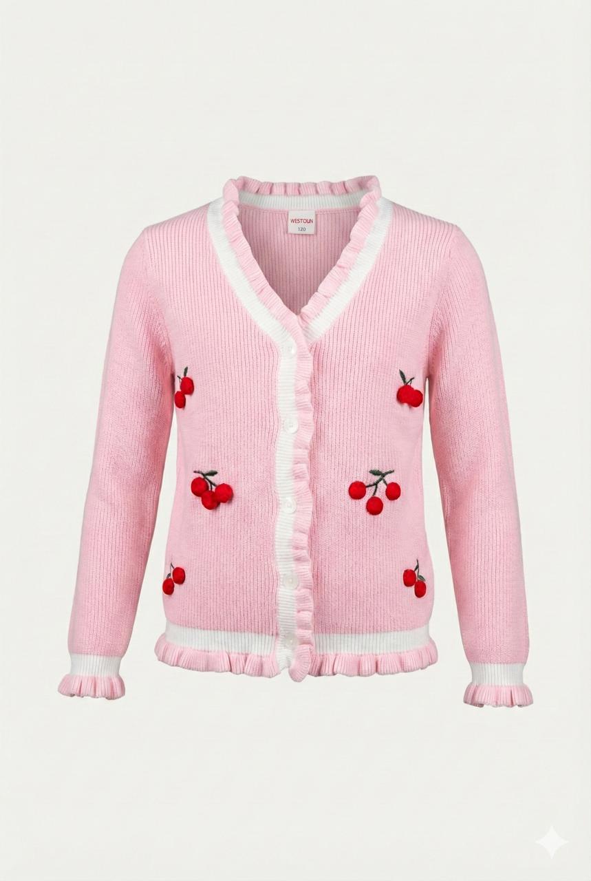 Pink Cherry Embroidered Knit Cardigan with Frill Details