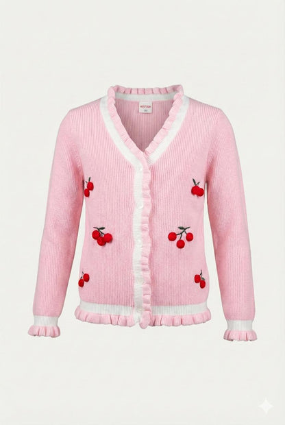 Pink Cherry Embroidered Knit Cardigan with Frill Details