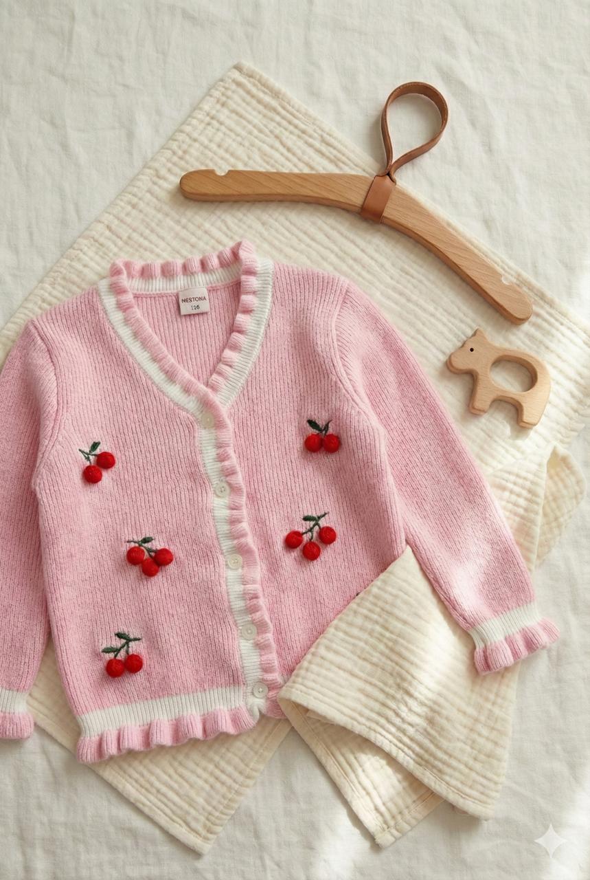 Pink Cherry Embroidered Knit Cardigan with Frill Details