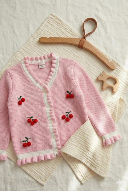 Pink Cherry Embroidered Knit Cardigan with Frill Details