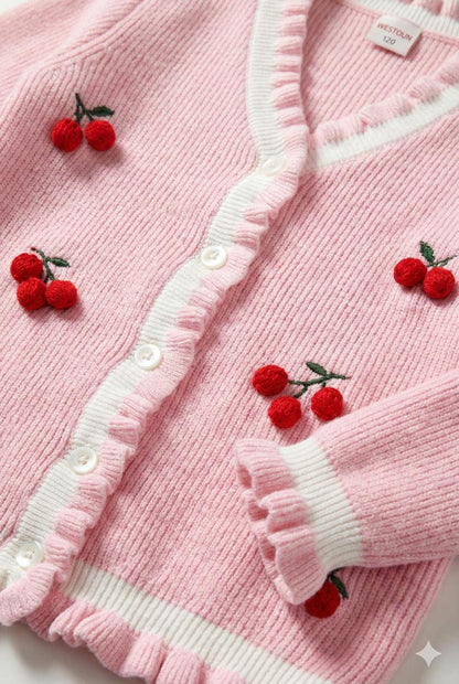Pink Cherry Embroidered Knit Cardigan with Frill Details