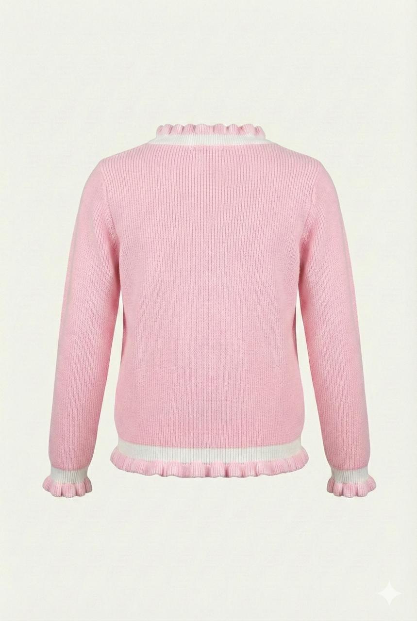 Pink Cherry Embroidered Knit Cardigan with Frill Details