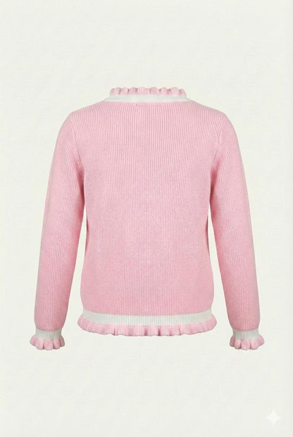 Pink Cherry Embroidered Knit Cardigan with Frill Details