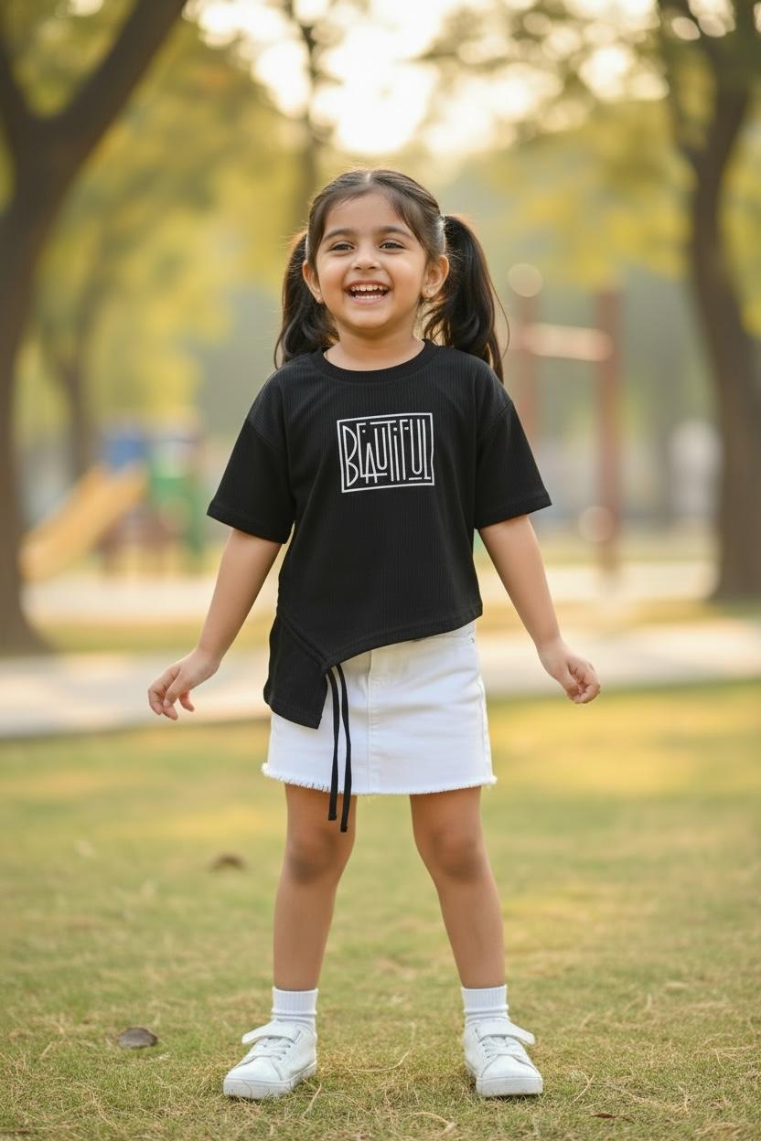 Black Ribbed Asymmetrical Tie-Up Top with “Beautiful” Print