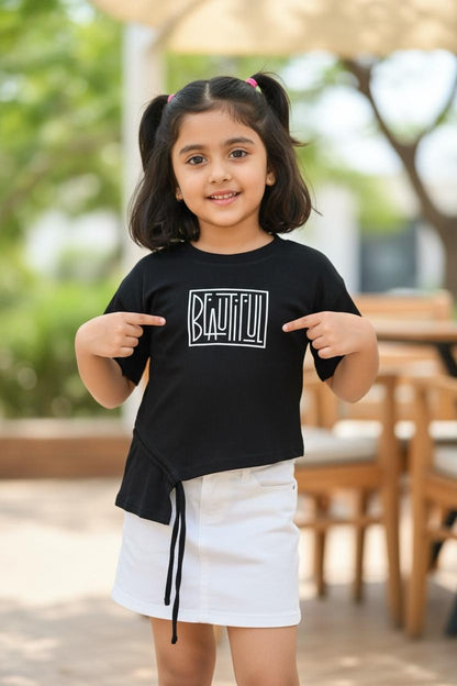 Black Ribbed Asymmetrical Tie-Up Top with “Beautiful” Print