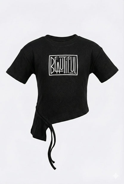 Black Ribbed Asymmetrical Tie-Up Top with “Beautiful” Print