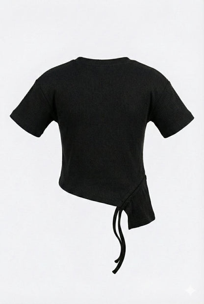 Black Ribbed Asymmetrical Tie-Up Top with “Beautiful” Print