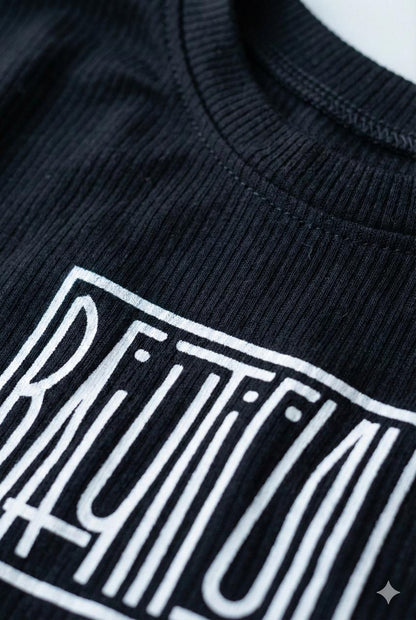 Black Ribbed Asymmetrical Tie-Up Top with “Beautiful” Print