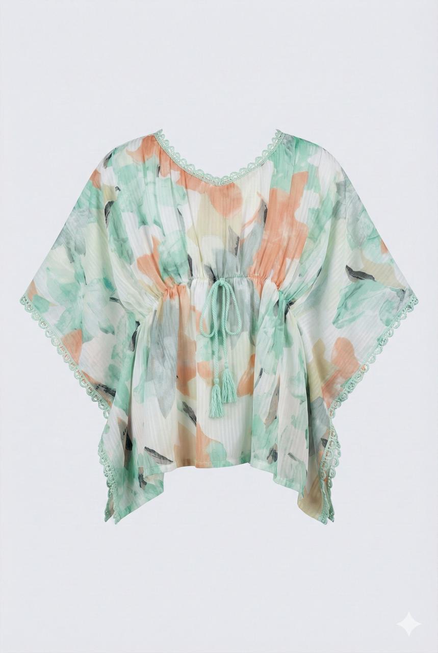 Pastel Printed Polyester Kaftan Top with Waist Tie-Up