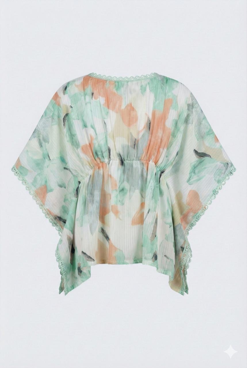 Pastel Printed Polyester Kaftan Top with Waist Tie-Up