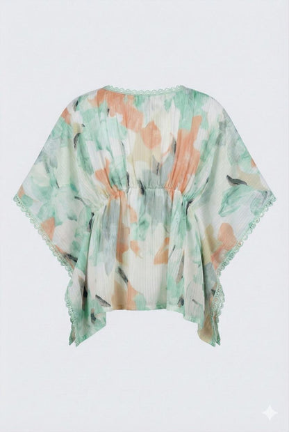 Pastel Printed Polyester Kaftan Top with Waist Tie-Up