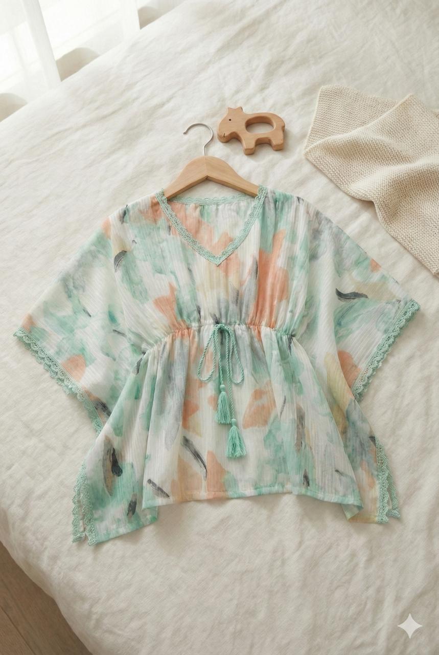 Pastel Printed Polyester Kaftan Top with Waist Tie-Up
