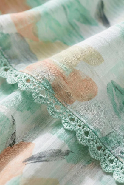 Pastel Printed Polyester Kaftan Top with Waist Tie-Up