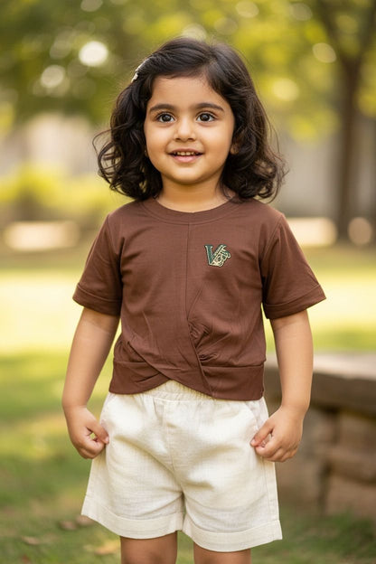 Earthy Brown Twisted Front Cotton Top with Chest Patch