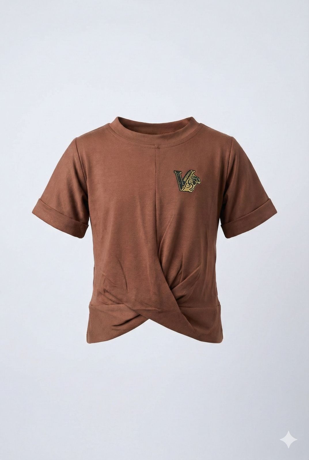 Earthy Brown Twisted Front Cotton Top with Chest Patch